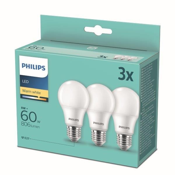 Philips 8718699775490 LED sada žárovek 3x8W-60W | E27 | 806lm | 2700K - set 3ks, bílá - 8718699775490.1 - 1