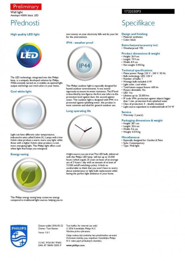 Philips 17320/30/P3 Atelope LED venkovní svítidlo | Přírodní bílá | 6W