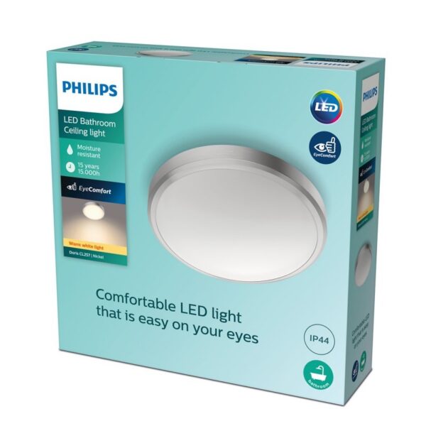 Philips 8718699758929 Doris LED Koupelnové stropní svítidlo | Teplá bílá | Kov | Nikl | 17W