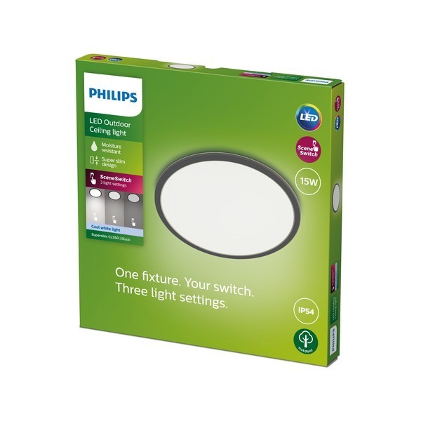 Philips 8719514418011 Superslim LED Stropní venkovní světlo | Teplá bílá | Černá | 15W