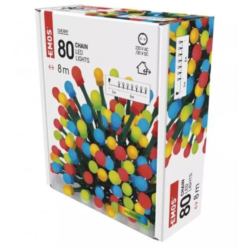 Emos D5AM02 vánoční řetěz Cherry - kuličky 8m 3,6W | 480LED | IP44 - časovač, multicolor, zelená
