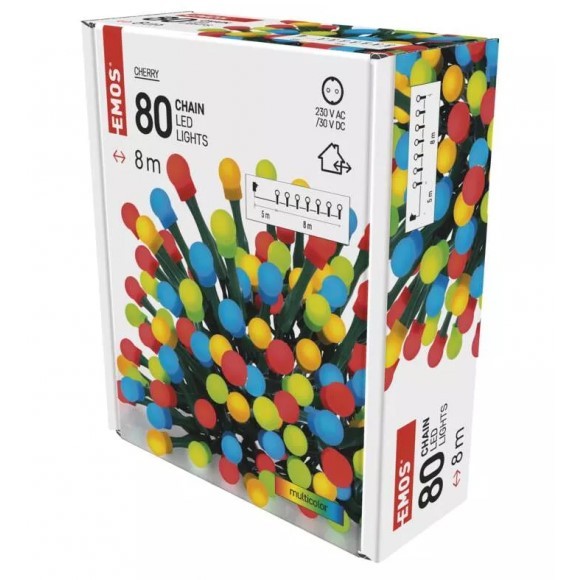 Emos D5AM02 vánoční řetěz Cherry - kuličky 8m 3,6W | 480LED | IP44 - časovač, multicolor, zelená