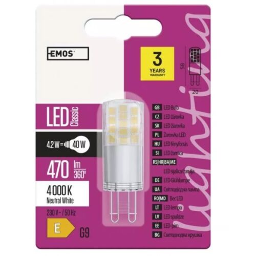 EMOS ZQ9543 Classic LED žárovka G9 | Teplá bílá | 42W