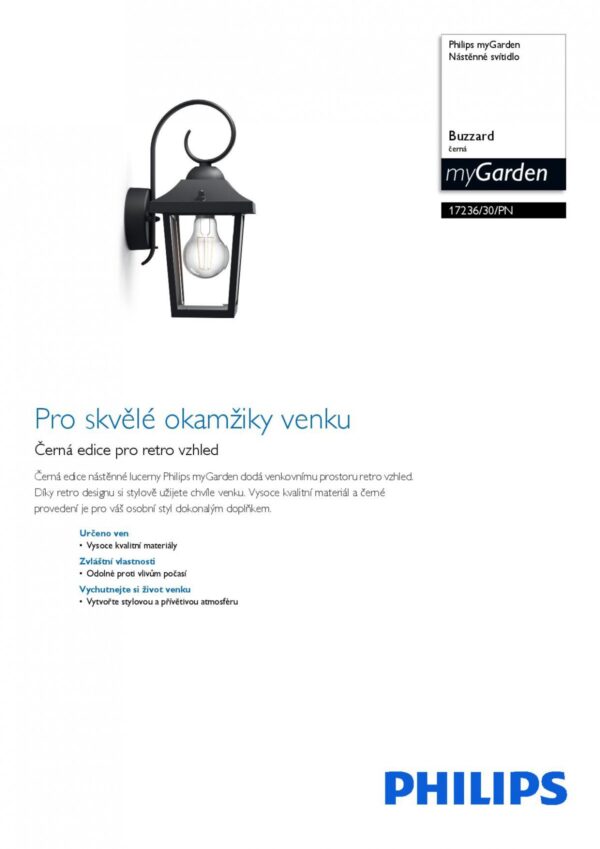 Philips 17236/30/PN Nástěnné venkovní světlo | E27 | Černá