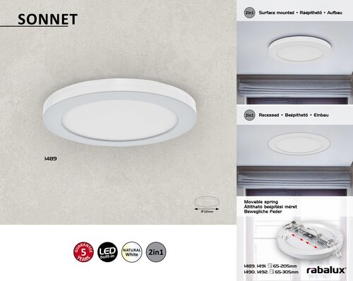 Rabalux 1489 Sonnet LED Přisazené stropní svítidlo | Přírodní bílá | 18W | Bílá