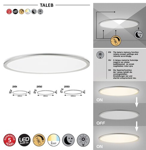 Rabalux 2193 Taleb LED Stropní svítidlo s ovladačem | Variabilní | Stmívatelné | 60W | Bílá | Kov | Stříbrná