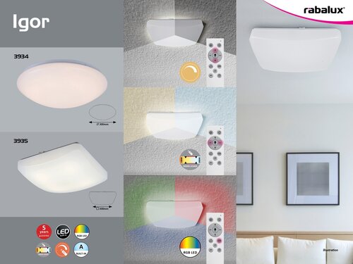 Rabalux 3935 Igor LED Stropní svítidlo s ovladačem | RGB | Variabilní | Stmívatelné | 16W | Bílá