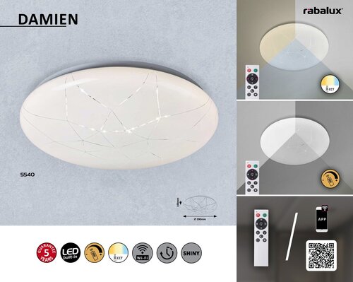 Rabalux 5540 Damien Smart LED Stropní svítidlo s ovladačem | Variabilní | Stmívatelné | 24W | Bílá