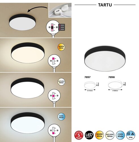 Rabalux 7898 Tartu LED Stropní venkovní světlo | Variabilní | Bílá | Černá | 24W