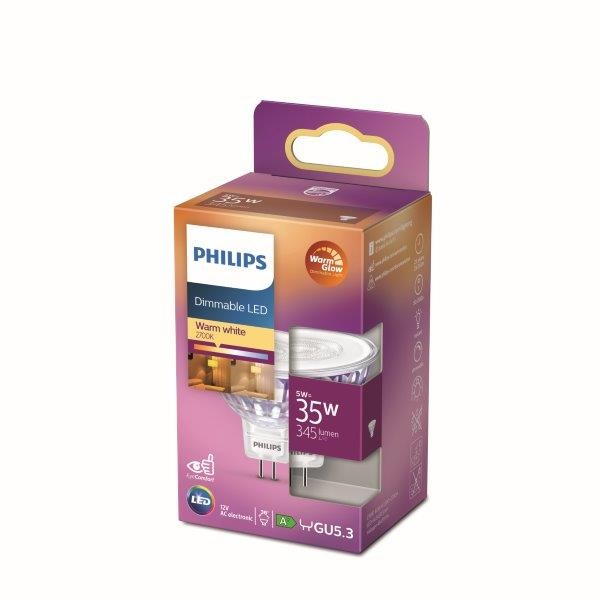 Philips 8718699773991 LED žárovka 5W-35W | GU5,3 | 345lm | 2700K - WarmGlow, stmívatelná
