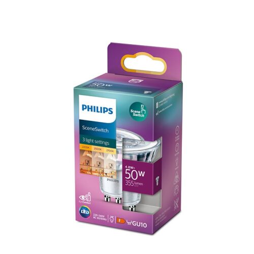 Philips 8719514307780 LED žárovka 4,8-3,5-1,5W/50W | GU10 | 355lm | 2700-2500-2200K | 36D - Scene Switch