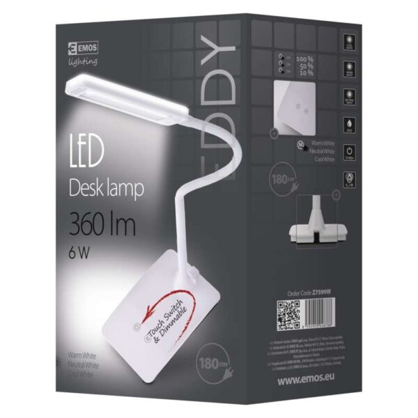 EMOS Z7599W LED stolní lampička Eddy | 6,5W integrovaný LED zdroj | 480lm | 3000K