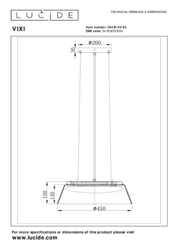 Lucide L254154565 LED závěsné stropní svítidlo VIXI  | 22,6W integrovaný LED zdroj | 1500lm | 2900K