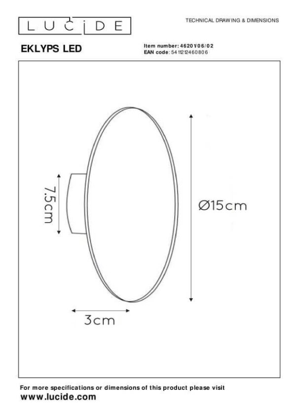 Lucide L462010602 LED nástěnné svítidlo EKLYPS  | 6W integrovaný LED zdroj | 360lm | 3000K